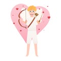 Little cute boy in cupid costume, adorable angel of love, valentine baby character holding bow and arrow Royalty Free Stock Photo