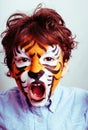 Little cute boy with faceart on birthday party close up, little Royalty Free Stock Photo