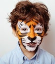 Little cute boy with faceart on birthday party close up, little cute tiger Royalty Free Stock Photo
