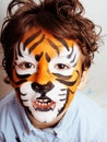 Little cute boy with faceart on birthday party close up, little cute tiger Royalty Free Stock Photo