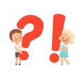 Little cute boy and girl hold questionand and exclamation marks. A concept for children`s questions and answers. Curious Royalty Free Stock Photo