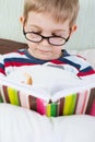 Little cute boy reading book in bed Royalty Free Stock Photo