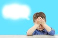 Little cute boy and his cloud of thoughts on  background Royalty Free Stock Photo