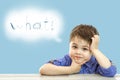 Little cute boy and his cloud of thoughts on isolated background Royalty Free Stock Photo