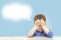 Little cute boy and his cloud of thoughts on isolated background Royalty Free Stock Photo