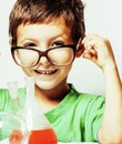 little cute boy with medicine glass isolated wearing glasses smi Royalty Free Stock Photo