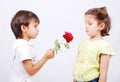 A little cute boy is offering a rose to little gir Royalty Free Stock Photo