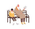 Little cute boy and old bearded male sitting on bench together vector flat illustration. Grandchild and grandfather