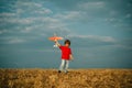 Little cute boy playing with a toy airplane. The concept of child kindness and childhood. Children run with plane on Royalty Free Stock Photo