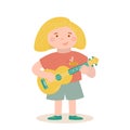 Little cute boy is playing toy childish guitar or ukulele. Music vector cartoon illustration. Royalty Free Stock Photo