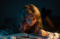 A little cute boy reading a book lying on the bed. Child reading a book on bedtime night. Kids development of the Royalty Free Stock Photo