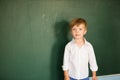 A little cute boy at school is standing near the blackboard and writing on it. Back to school concept Royalty Free Stock Photo