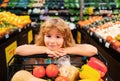 Little cute boy with shopping cart full of fresh organic vegetables and fruits in grocery food store or supermarket Royalty Free Stock Photo