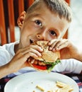 little cute boy 6 years old with hamburger and french fries maki Royalty Free Stock Photo