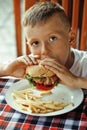 little cute boy 6 years old with hamburger and french fries maki Royalty Free Stock Photo