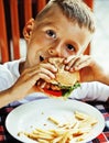 little cute boy 6 years old with hamburger and french fries maki Royalty Free Stock Photo