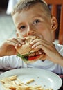 Little cute boy 6 years old with hamburger and Royalty Free Stock Photo