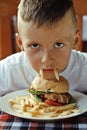 Little cute boy 6 years old with hamburger and Royalty Free Stock Photo