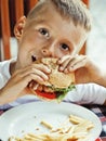 Little cute boy 6 years old with hamburger and french fries making crazy faces Royalty Free Stock Photo