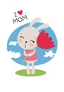 Little cute bunny girl with a flower in her hands and text i love mom. Happy Mother day flat vector illustration