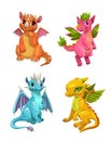 Little cute cartoon dragons set. Colotful fantasy monsters.