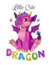 Little cute cartoon pink dragon girl. Vector illustration.
