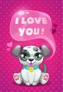 Little cute cartoon sitting dalmatian puppy saying I Love You