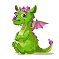 Little cute cartoon sitting green dragon. Fantasy monster icon. Royalty Free Stock Photo