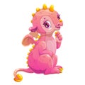 Little cute cartoon sitting pink dragon.