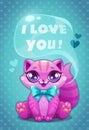 Little cute cartoon sitting purple kitty saying I Love You