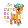 Little cute cartoon standing deer patch. Beautiful animal icon with trendy slogan.