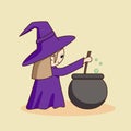 Little cute cartoon witch brews a potion in a cauldron