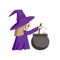 Little cute cartoon witch brews a potion in a cauldron