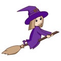 Little cute cartoon witch flying on a broomstick Royalty Free Stock Photo