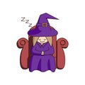 Little cute cartoon witch sits and sleeps in a red chair