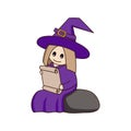 Little cute cartoon witch sits on a stone and reads a scroll