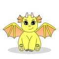 Little cute cartoon yellow dragon with horns and wings. Funny fantasy character, young mythical reptile monster. Vector Royalty Free Stock Photo