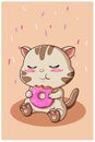 A little cute cat eating a donuts illustration