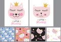 Little Cute Cat Princess Background and Seamless Pattern. Vector illustration Royalty Free Stock Photo