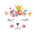 Little cute cat princess with crown and flowers for card and shirt design. Vector Illustration Royalty Free Stock Photo