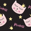 Little Cute Cat Princess Seamless Pattern Background Vector Illustration Royalty Free Stock Photo
