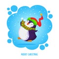 Little cute chubby jumping penguin in an elven hat and striped scarf. Merry Christmas greetings. Hand drawn vector illustration