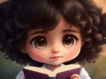 a little cute curly haired girl reading a book