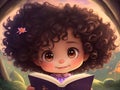 a little cute curly haired girl reading a book