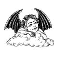 Little cute devil baby sitting happy on cloud front view, black wings, doodle drawing, woodcut