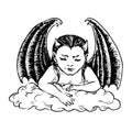 Little cute devil baby sittingon cloud and looking down, front view, black wings, doodle drawing, woodcut