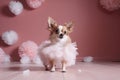 Little cute dog chihuahua in pink room with laces. Generated AI.