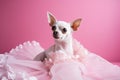 Little cute dog chihuahua in pink room with laces. Generated AI.