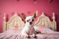 Little cute dog chihuahua in pink room with laces. Generated AI.
