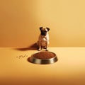 little dog mops sitting by big bowl of dry food on yellow background copy space generative ai pets care